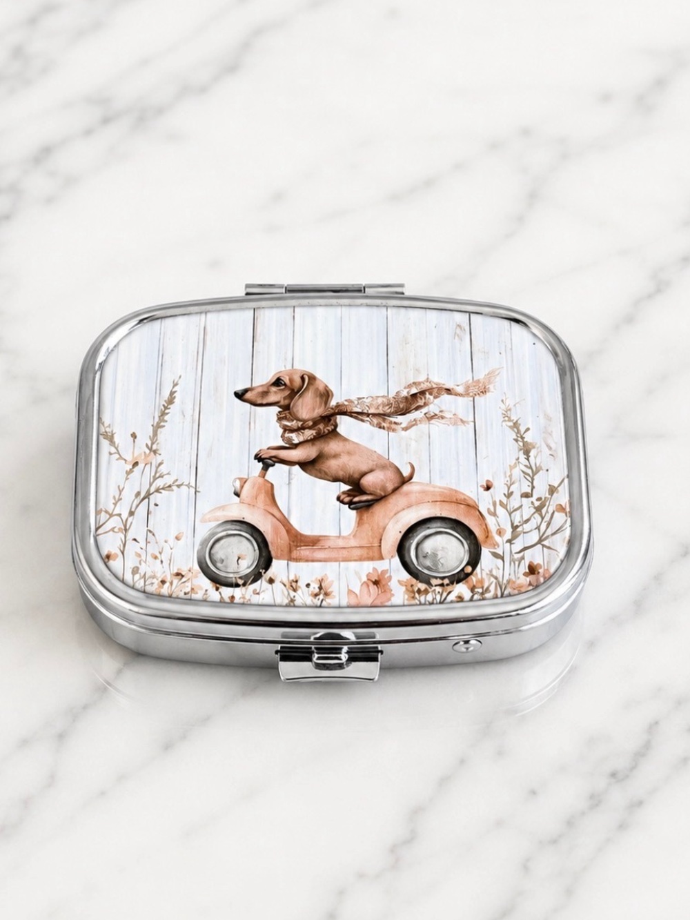Puppy Riding Scooter Purse Pill Box/Travel Jewelry-Compact With Lidded Mirror